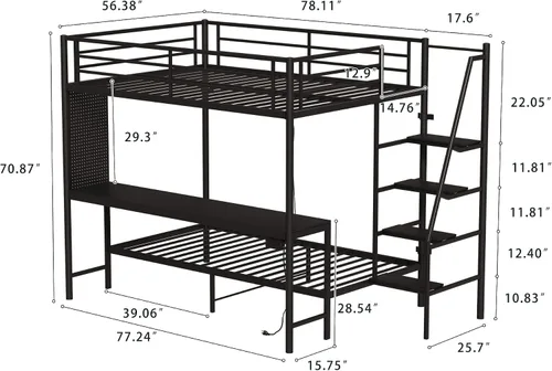Miniatura 2 de KEIKI Litera Full sobre Twin con Estación de Carga, Cama Alta de Metal con Escritorio & Protector de Seguridad & Escaleras, Marco de Cama de Metal