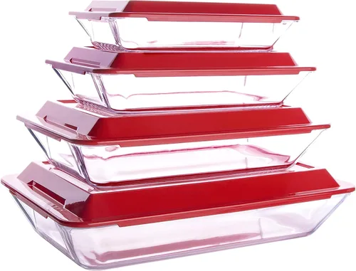 Miniatura 10 de Juego de 8 bandejas de vidrio templado para hornear con tapas sin bisfenol A. Apto para horno, microondas, refrigerador y lavavajillas, 0.8L, 1.5L