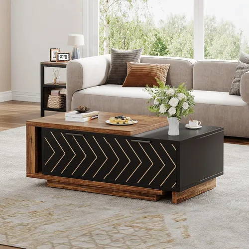 Miniatura 3 de Tribesigns - Mesa de café extensible con 2 cajones de almacenamiento, mesa central de dos tonos con tablero deslizante, mesa de cóctel rectangular
