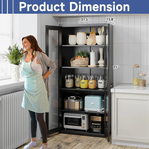 Miniatura 3 de Vitrina con puertas de cristal, vitrina para coleccionables, gabinete de exhibición Curio con 4 estantes ajustables, gabinete de exhibición de Negro