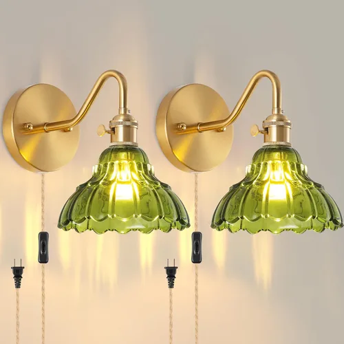 Miniatura 14 de Juego de dos apliques de pared vintage que funcionan con pilas, para interiores, no cableados, de latón y cristal verde, luces de pared RGB