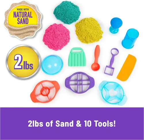Miniatura 2 de Kinetic Sand, Ultimate Sandisfying Set con arena de juego de 2 libras (rosa, amarillo y verde azulado), 10 herramientas y moldes, juguetes