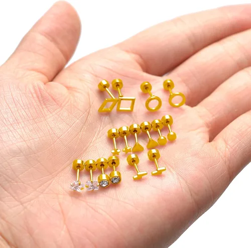 Miniatura 5 de Ofeiyaa Juego de 18 aretes de tuerca pequeños de acero inoxidable con forma de corazón, cruz geométrica, estrella, triángulo, luna, bola de disco