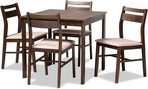 Baxton Studio Lovy - Juego de comedor moderno y contemporáneo tapizado de madera de nogal oscuro de 5 piezas con acabado de nogal oscuro