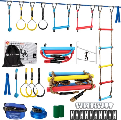 Carrera de obstáculos Ninja Warrior para niños, kit de línea floja de 2 x 56 pies con 8 accesorios ninja, barra de mono, escalera de cuerda, anillo