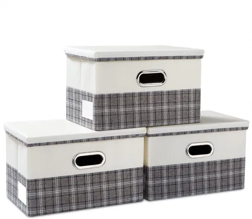 Miniatura 48 de PRANDOM Contenedor de almacenamiento plegable con tapa [1 unidad] Caja de almacenamiento decorativa de tela de lino, cesta organizadora con asas