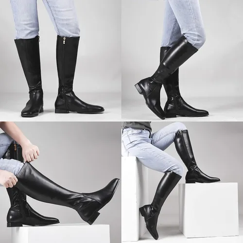 Miniatura 5 de GENSHUO Botas altas hasta la rodilla para mujer, cómodas botas de tacón plano vintage con punta cuadrada para otoño e invierno, con cremallera