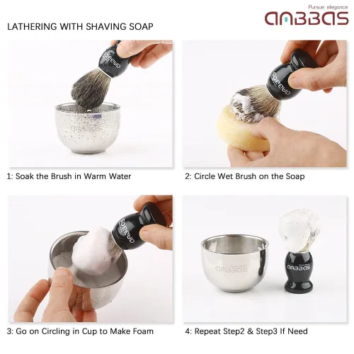 Miniatura 6 de Kit de afeitado Anbbas con brocha de cerdas de tejón puro, mango de madera negra y barra de jabón recargable de 100g, soporte de afeitado de acero