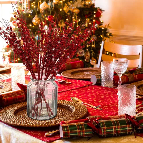 Miniatura 7 de Jutom 12 tallos de bayas artificiales de Navidad con purpurina de 15.7 pulgadas, adornos de púas de bayas de acebo, adornos falsos para árbol