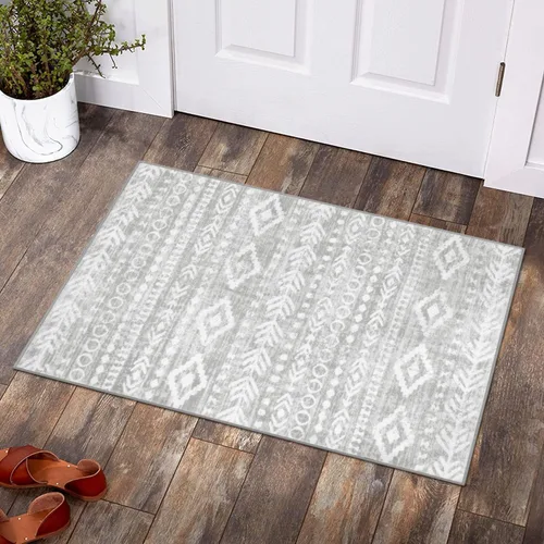 Lahome Alfombra bohemia marroquí para entrada, lavable, de 2 x 3 pies, color gris y blanco, antideslizante, ultra fina, suave, rústica con estampado