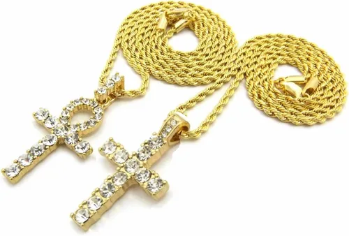 Miniatura 4 de Juego de collares de cadena doradas con colgantes con brillos de cruz ansada egipcia y cruz de 60.9cm, 76.2cm, estilo hip hop, para hombre