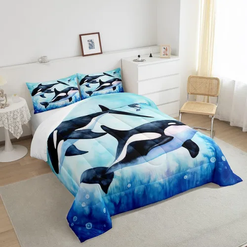 Miniatura 4 de Juego de edredón Queen de orcas y orcas de orcas y medusas del mundo submarino, para niños y niñas, animales marinos profundos, vida marina, 3