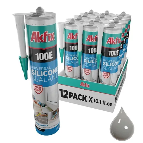 Akfix 100E RTV - Calafateo de silicona gris (12 x 10.1 onzas líquidas), sellador de silicona 100% impermeable para cocina y baño, ducha, bañera,
