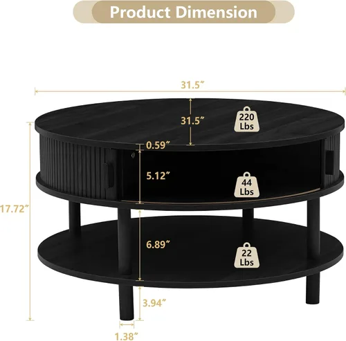 Miniatura 2 de XUZENEST - Mesa de café redonda de 31.5" con almacenamiento, mesa de café de 2 niveles de mediados de siglo moderna con puerta deslizante de tambor