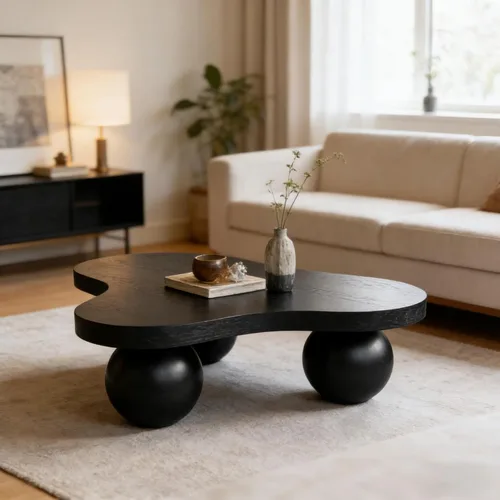 Miniatura 11 de Mesa de centro Cloud de 47.2 pulgadas con 3 patas de bola, moderna mesa central irregular para sala de estar, mesa de té pequeña baja y bonita