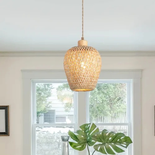 Miniatura 3 de Lámpara colgante de bambú de una sola luz, cesta bohemia ajustable hecha a mano, tejida a mano, mini iluminación colgante para cocina, isla