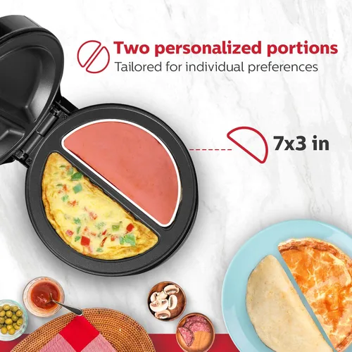 Miniatura 4 de Holstein Housewares Máquina de omelete y frittata de 2 secciones de acero inoxidable, revestimiento antiadherente, fácil de limpiar, luces Negro