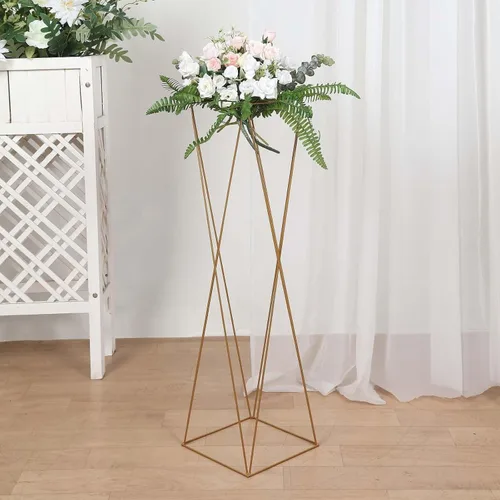Miniatura 5 de Efavormart - Juego de 2 centros de mesa de 32 pulgadas con marco de metal entrecruzado geométrico dorado, soportes de flores con pedestal de columna
