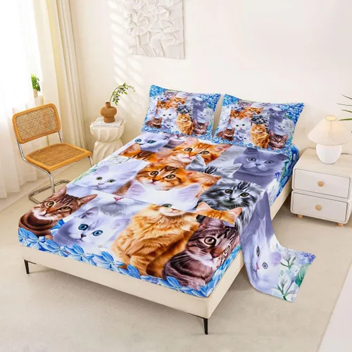 Miniatura 19 de Feelyou Juego de ropa de cama de tamaño individual con diseño de gato colorido para niños, adolescentes y niñas, decoración de habitación de gato
