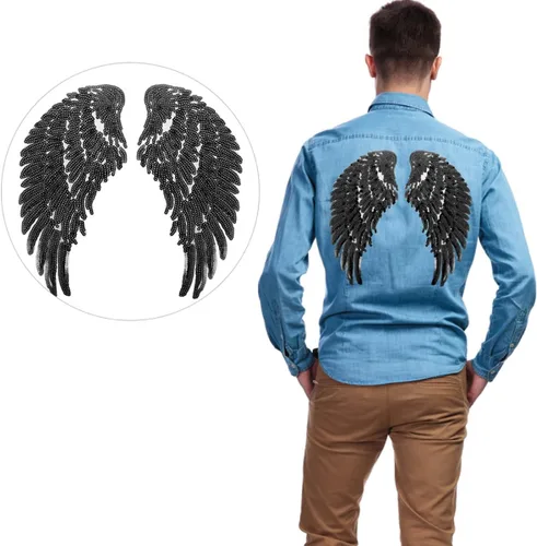Miniatura 4 de Amosfun Sequin Angel Wings Embroidered Iron-on Clothes Applique Patch 2 Pairs Black DIY Garment Sewing Decor for Jackets Shirts Craft