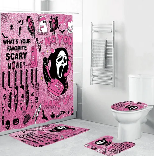 Juego de 4 cortinas de ducha de Halloween, juego de cortina de ducha gótica rosa aterradora para decoración de baño de Halloween, con antideslizante