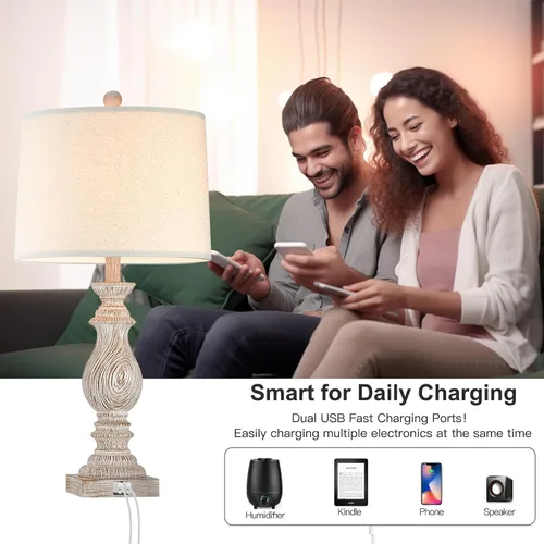 Miniatura 4 de 26.3” Rustic Table Lamps Set of 2 for Living Room Bedroom Beside Lamps with USB Charging Ports,Vintage Nightstand Lamp Farmhouse Dimmable End Table
