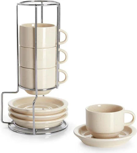Sweese - Juego de tazas de café expreso de porcelana, 2.5 oz, apilables con platillos y soporte de metal, color beige, 4 unidades