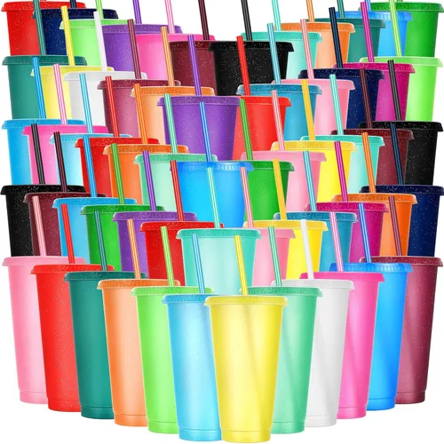 Miniatura 23 de Honeydak Paquete de 60 vasos con popote y tapa, vasos a granel para regalos, tazas de café de plástico con purpurina de 24 a 27 onzas, botella