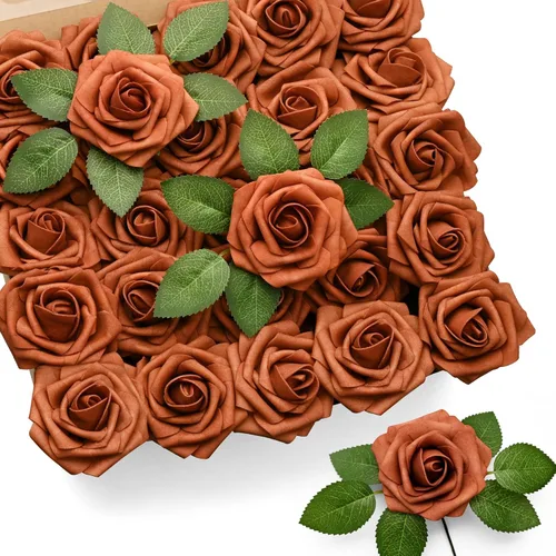 Miniatura 9 de Mocoosy 50 rosas artificiales, rosas polvorientas para decoraciones, rosas falsas de espuma de tacto real a granel con tallos, ramos de boda, Rosa