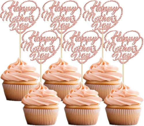 Miniatura 32 de Gyufise 1 pieza de decoración de pastel para el Día de la Madre con purpurina de corazón Love You Mom Cake Pick Rose Flower Best Mom Cupcake Decor