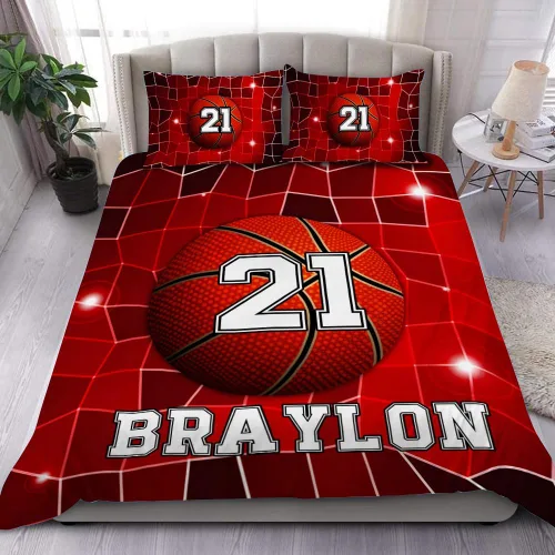Miniatura 19 de Juego de ropa de cama personalizado de baloncesto tamaño individual, edredón deportivo personalizado con nombre y número para habitación de niños