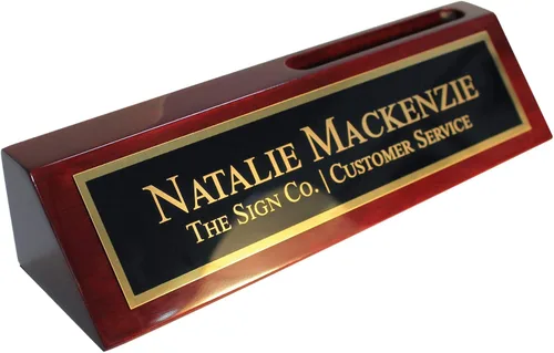 Cuña de nombre personalizada para escritorio de negocios, placa de nombre de oficina para escritorio, palisandro con tarjetero, grabado gratuito