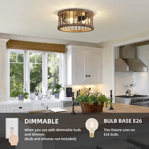 Miniatura 7 de Lámpara de techo de montaje empotrado estilo granja, 3 luces de metal y madera de 12.6 pulgadas, lámpara de techo para cocina, pasillo, comedor