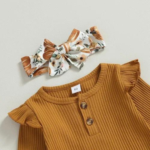 Miniatura 4 de Kuriozud Conjunto de Pantalones Acampanados para Bebé Recién Nacida Niña Mameluco con Volantes Lindo Lazo Pantalones Acampanados Diadema Ropa Linda