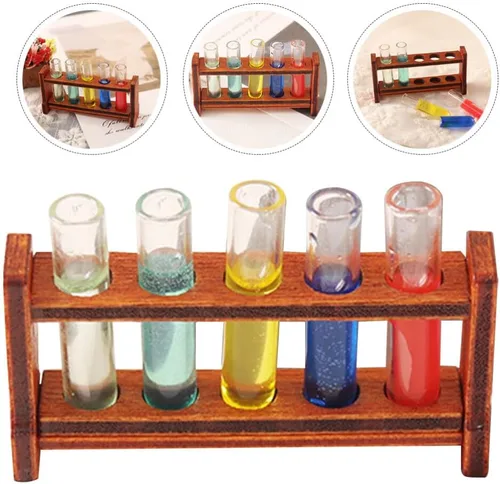 Miniatura 9 de Totority Mini tubos de ensayo de casa con estante – Accesorios de laboratorio en miniatura para la ciencia de la casa de muñecas, juego decorativo