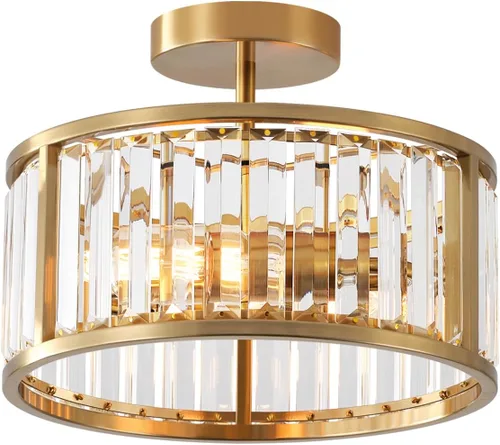 Lámpara de techo empotrada de latón dorado, candelabro de cristal enjaulado de 2 luces, lámparas de pasillo de tambor pequeño para montaje en techo