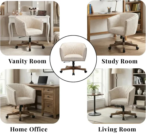 Miniatura 7 de Silla de escritorio de piel sintética beige, silla de escritorio tapizada giratoria con brazo ajustable con cabezas de clavos, cómoda silla