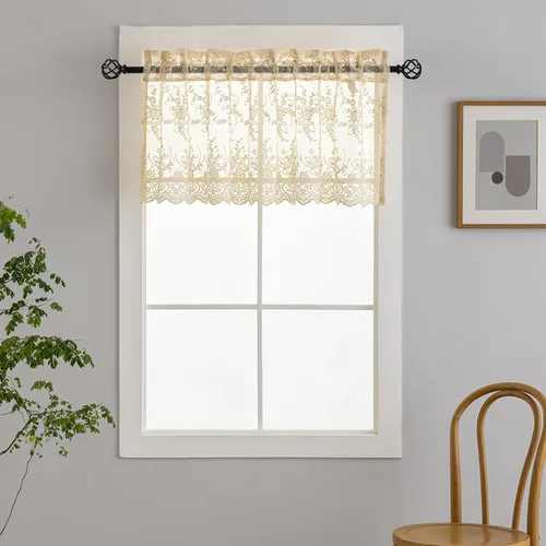 Miniatura 8 de Kotile - Cenefa de encaje beige para ventanas de estilo rústico campestre con diseño floral de vid, fondo ondulado, cenefa transparente de encaje