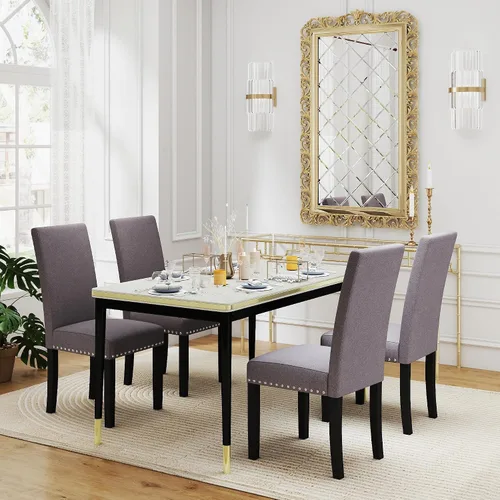 Miniatura 7 de LSSPAID Juego de 2 sillas de comedor tapizadas de tela con ribete de cabeza de clavo y patas de madera maciza para el hogar y la cocina, color gris