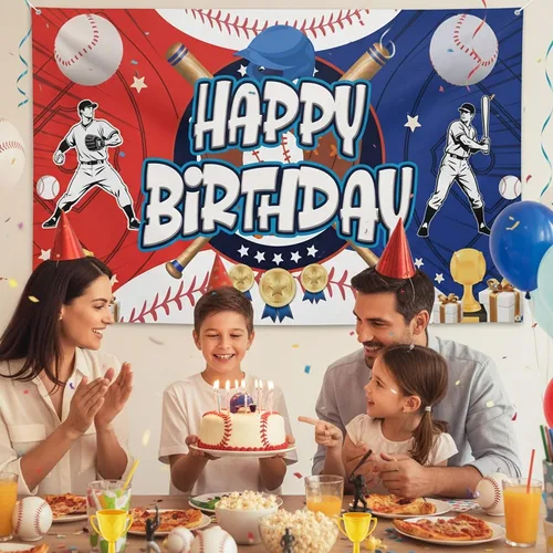 Miniatura 6 de Telón de fondo de cartel de feliz cumpleaños de béisbol, decoraciones de fiesta de béisbol, fondo de fotos de vinilo, suministros de fiesta