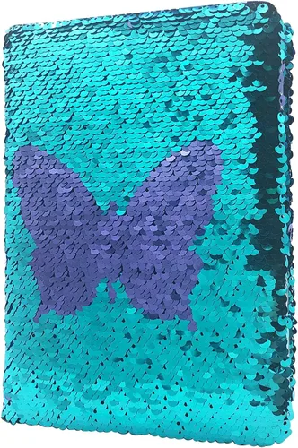 GINMLYDA Diario de lentejuelas para niñas de 8.5 x 5.5 pulgadas, 160 páginas rayadas para niñas, cuaderno reversible de mariposa con secuencia