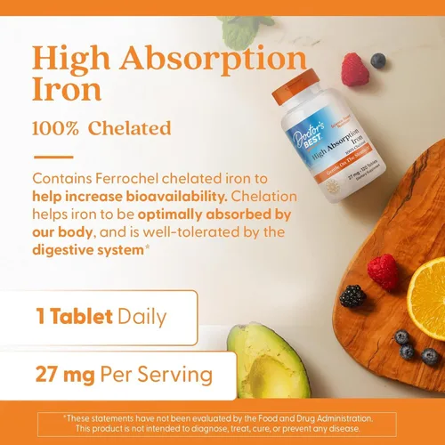 Miniatura 5 de Doctor's Best Tableta de hierro de alta absorción con Ferrochel, suave para el estómago, salud inmunológica, salud de la sangre, 27 mg