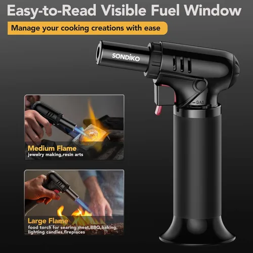 Miniatura 2 de Sondiko S907 Soplete de butano con indicador de combustible, encendedor recargable con llama ajustable para soldadura, arte de resina y uso Negro 2