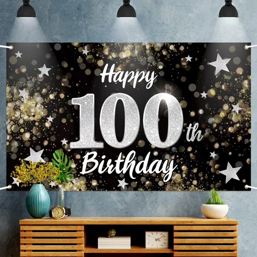 Miniatura 3 de Decoración de feliz cumpleaños número 100, cartel grande de fondo de cumpleaños con estrella de ensueño negro y plateado de 100 años, decoración