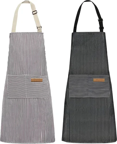 NLUS Paquete de 2 delantales de cocina de cocina, delantal de chef ajustable suave con 2 bolsillos para hombres y mujeres (rayas marrones y negras