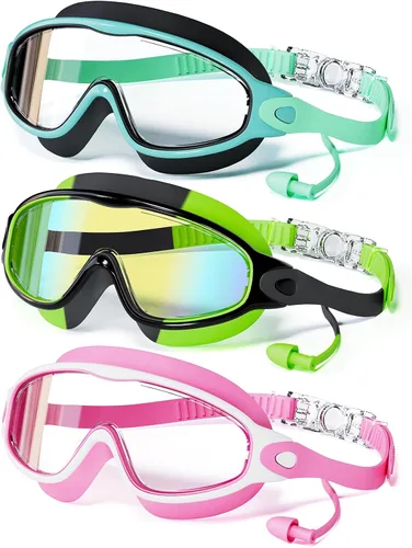 Miniatura 17 de Paquete de 3 gafas de natación para niños, con tapones para los oídos, marco grande, antivaho, UV, visión amplia, para niños y niñas de 4 a 12 años