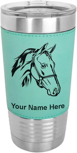 Miniatura 20 de LaserGram - Taza de 20 oz con aislamiento al vacío, con cabeza de caballo 2, grabado personalizado incluido (piel sintética, estilo béisbol)
