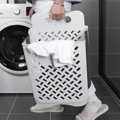 Miniatura 7 de Cestas de lavandería plegables de plástico con asa de transporte, cesta de lavandería para colgar en la pared que ahorra espacio, cesta de Gris