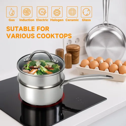 Miniatura 4 de Ohtomber Cacerola de Acero Inoxidable - Vaporera Tri-Ply de 1.5 Cuartos para Cocinar, Olla Pequeña de Cocción con Canasta Vaporera, Cacerola
