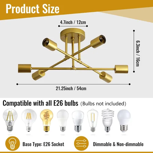 Miniatura 3 de Lámpara de techo, lámpara de techo de 6 luces, moderna lámpara de comedor, accesorios de iluminación dorados Sputnik para montaje en techo, lámparas